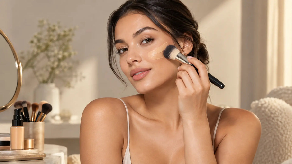Beauty makeup editorial in warm neutral tones: Apply Foundation