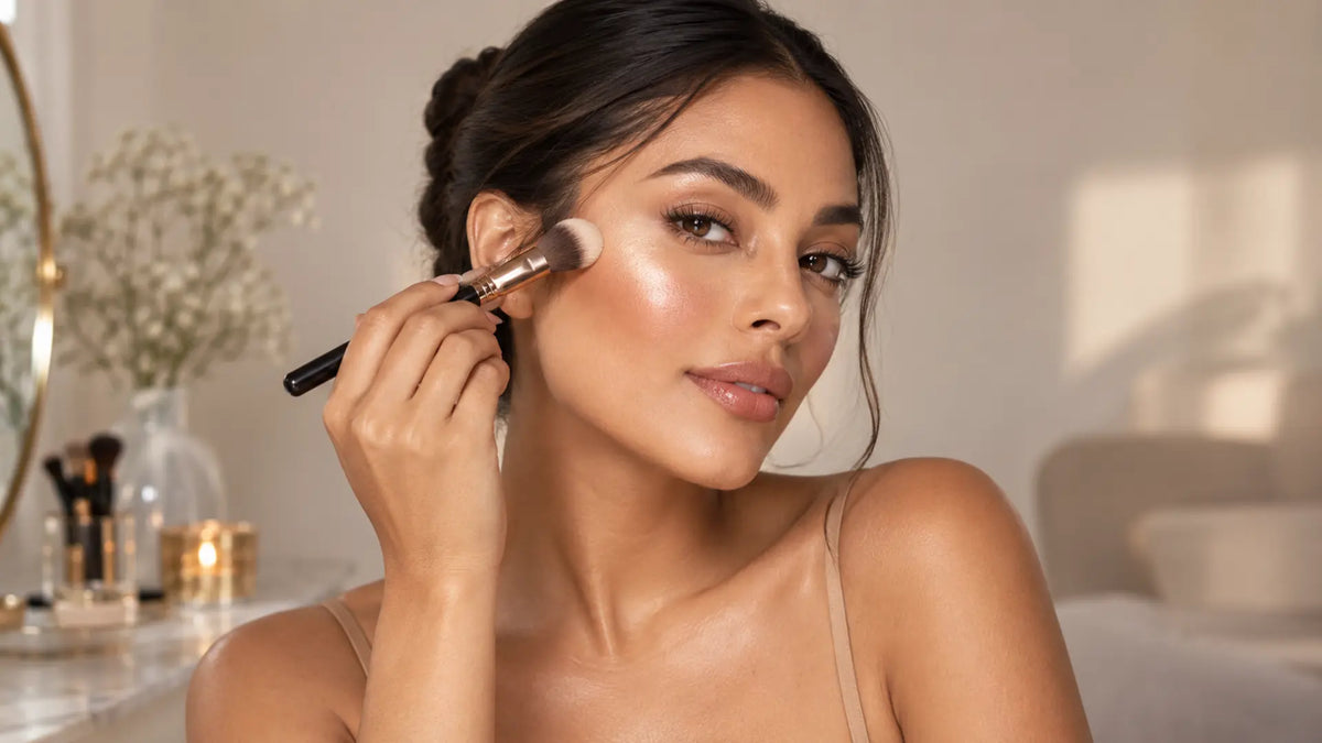 Beauty makeup editorial in warm neutral tones: Apply Highlighter Like a Pro
