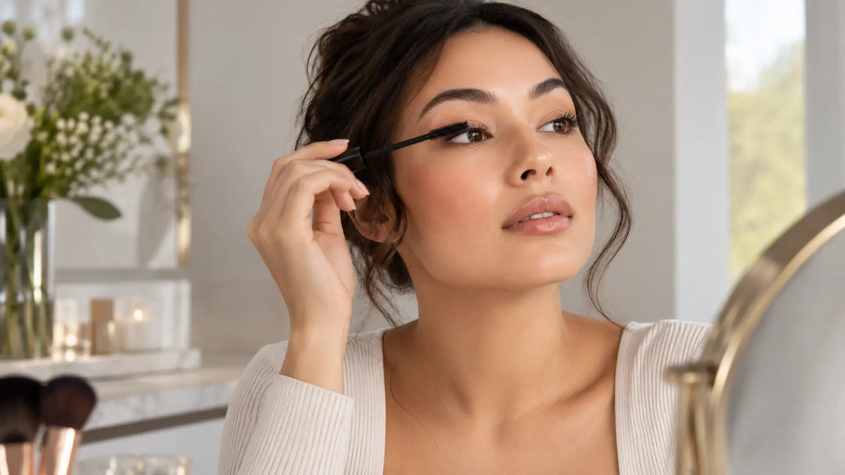 Beauty makeup editorial in warm neutral tones: Apply Mascara