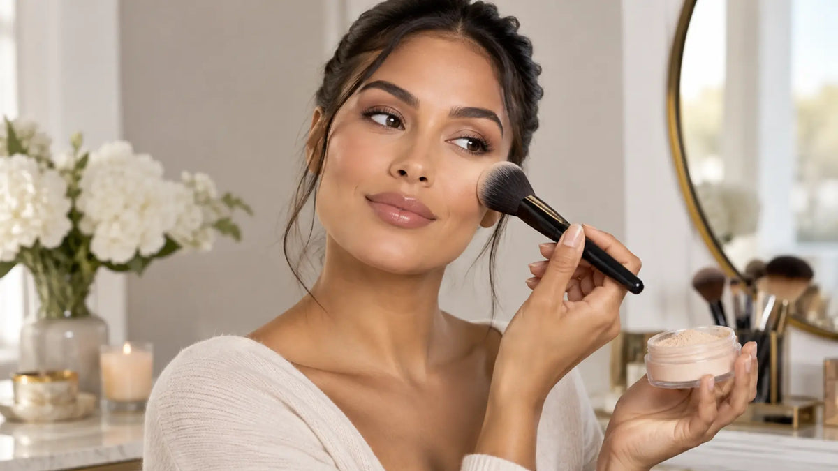 Beauty makeup editorial in warm neutral tones: Apply Setting Powder