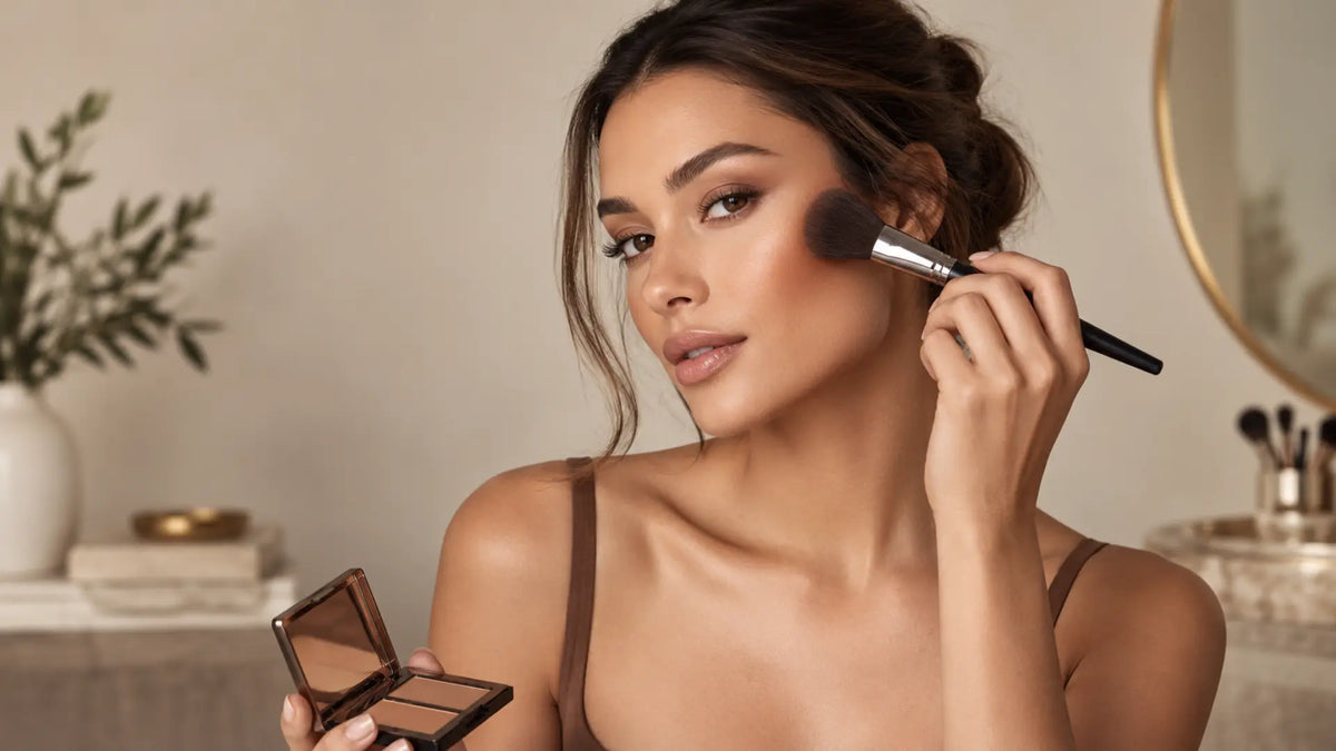 Beauty makeup editorial in warm neutral tones: Contour