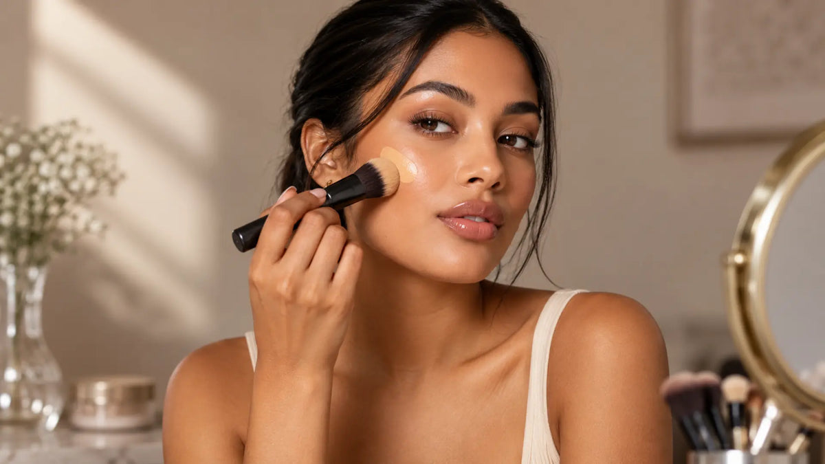 Beauty makeup editorial in warm neutral tones: Cover Up a Bad Breakout and Acne Scars With Makeup