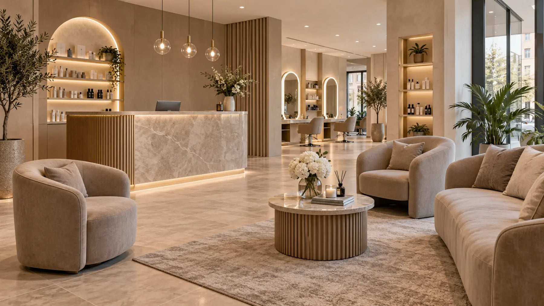 Premium professional salon interior: Match a Reception Desk with Waiting Chairs & Sofas