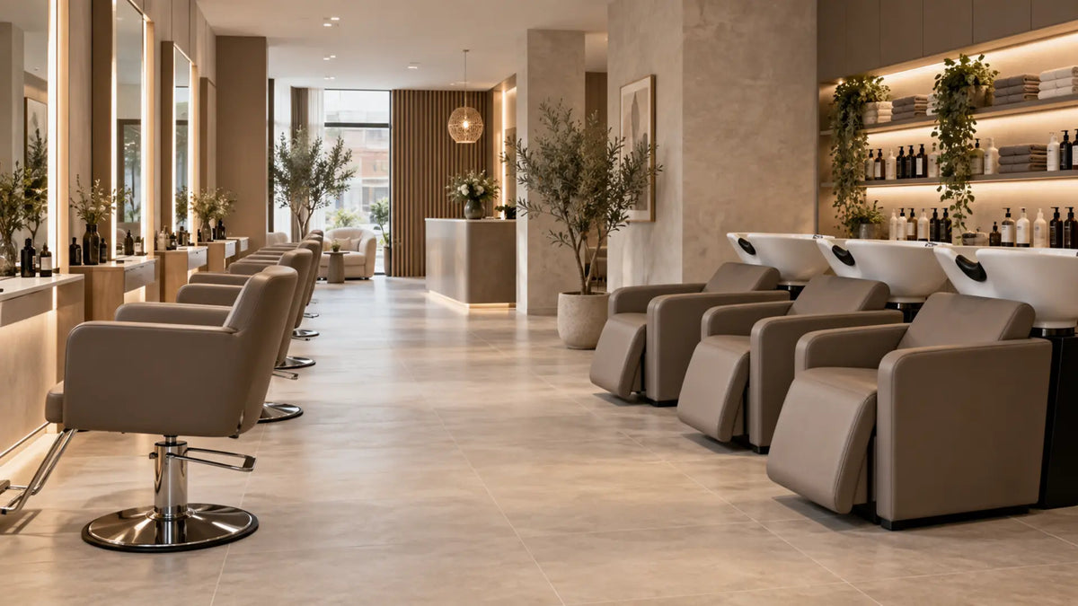 Premium professional salon interior: Match Styling Chairs and Backwash Units in a Hair Salon