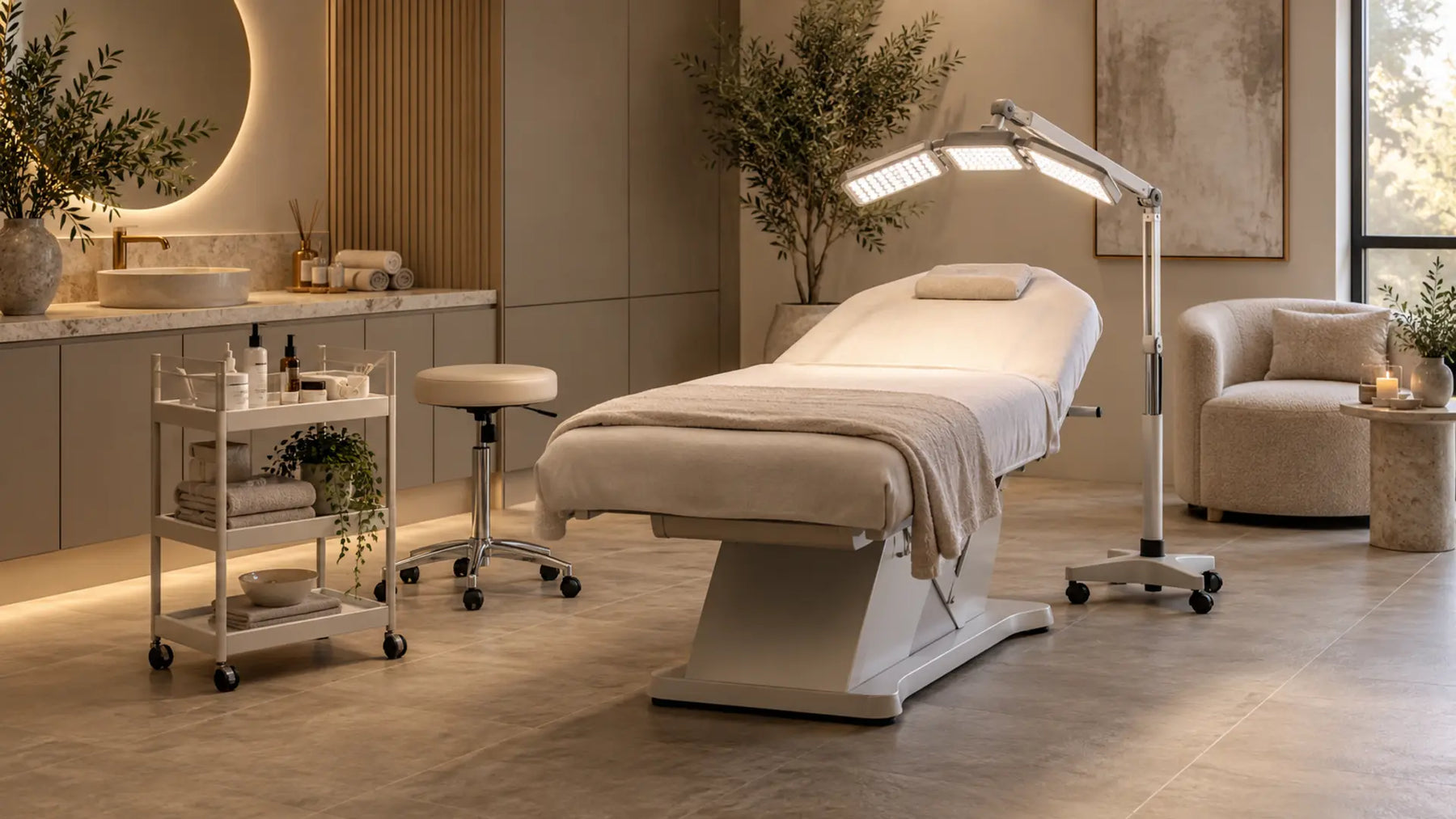 Premium professional salon interior: Position a Treatment Lamp Around a Beauty Bed or Workstation