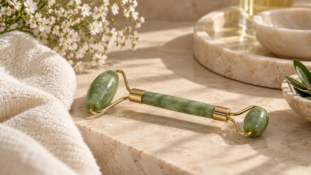 Skincare editorial in soft natural light: Use a Jade Roller