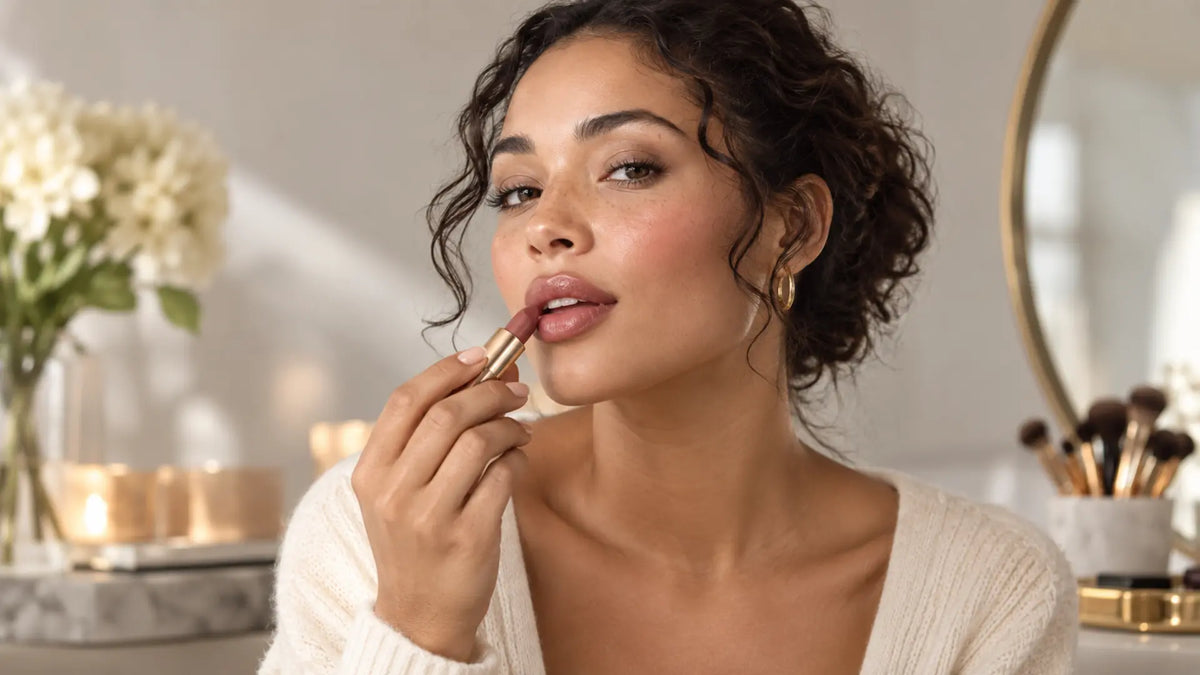 Beauty makeup editorial in warm neutral tones: The Best Hydrating Lipsticks for Dry Lips
