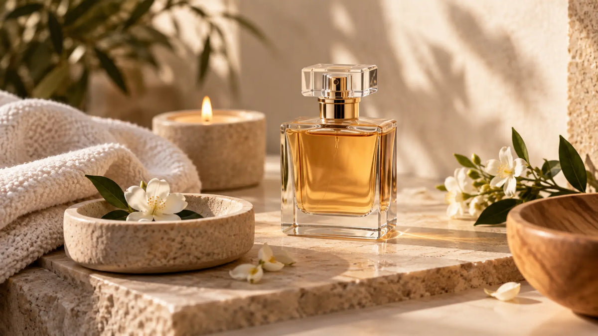 Body-care editorial in warm neutral tones: La Rive Perfume