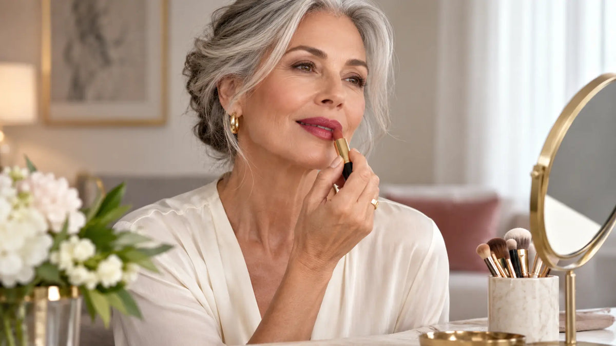Beauty makeup editorial in warm neutral tones: Lipstick for Mature Lips