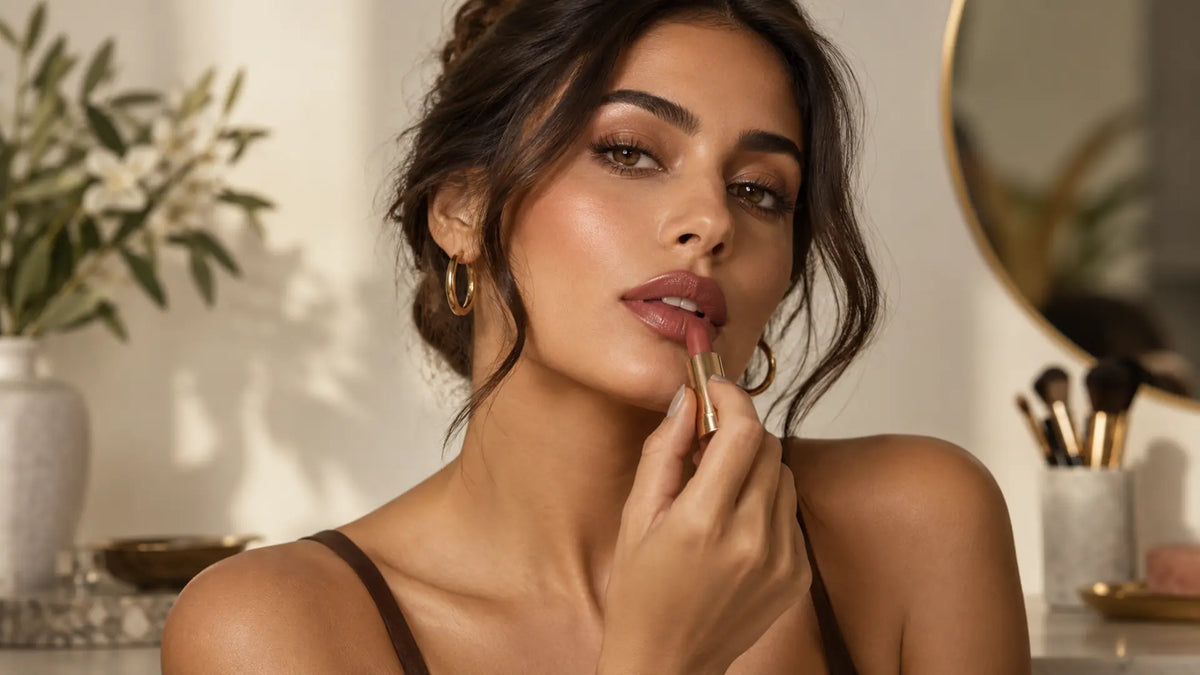 Beauty makeup editorial in warm neutral tones: Lipstick Colours for Olive Skin