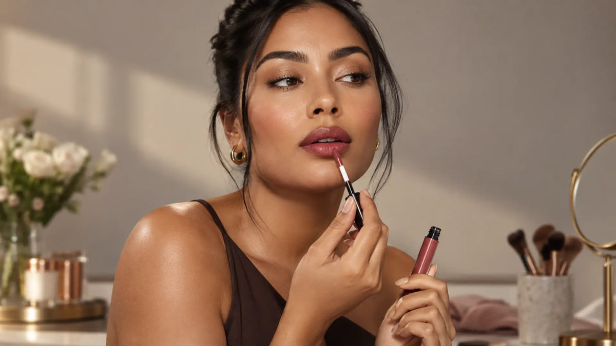 Beauty makeup editorial in warm neutral tones: Liquid Lipstick