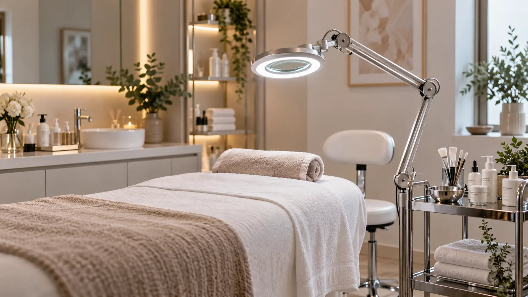 Professional salon equipment in a clean treatment room: Magnifying Lamps for Beauty Salons