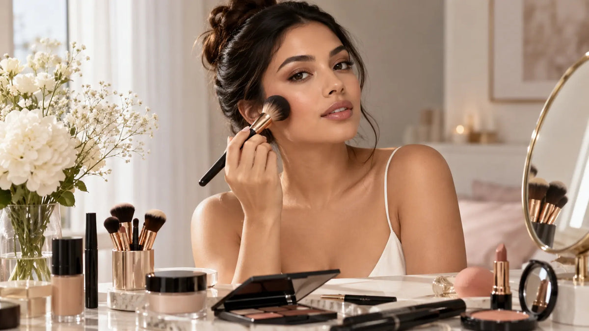Beauty makeup editorial in warm neutral tones: Makeup Essentials