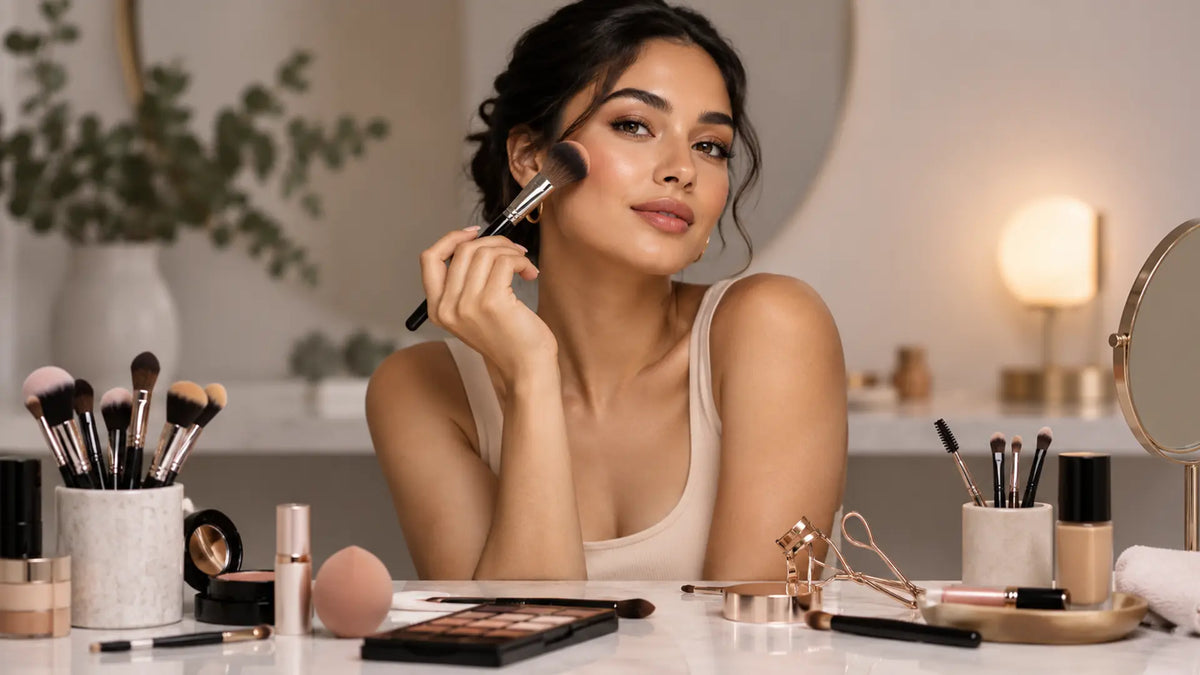 Beauty makeup editorial in warm neutral tones: Makeup Tool List