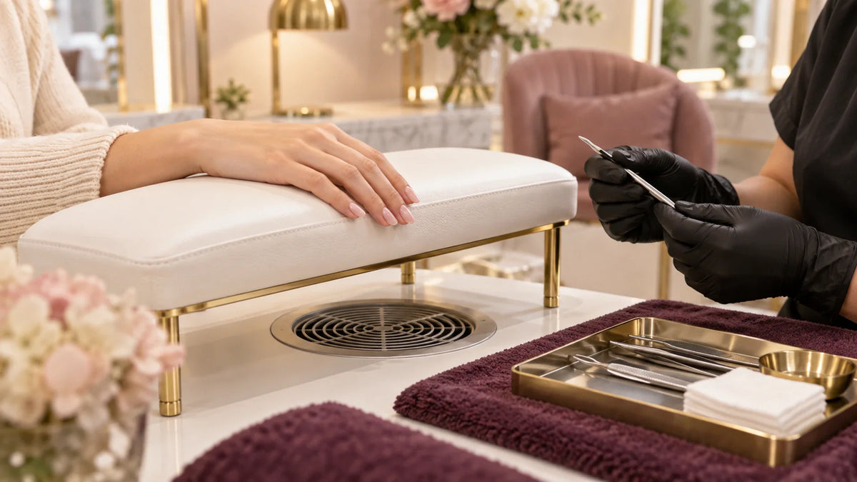 Manicure hand rest in a professional setting; guide covers height, width, dust extractor clearance and wipeable surfaces