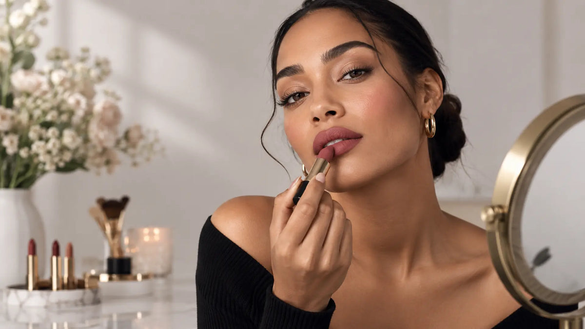 Beauty makeup editorial in warm neutral tones: Matte Lipstick