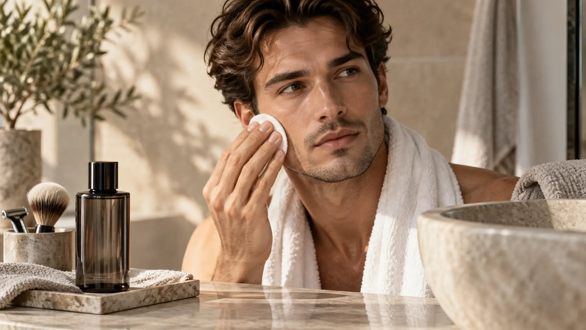 Skincare editorial in soft natural light: Face Toner for Men