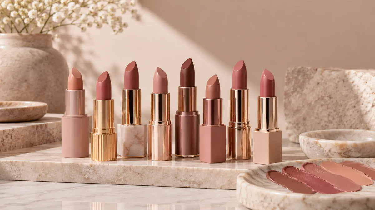 Beauty makeup editorial in warm neutral tones: Nude Lipstick Colours for Every Skin Tone