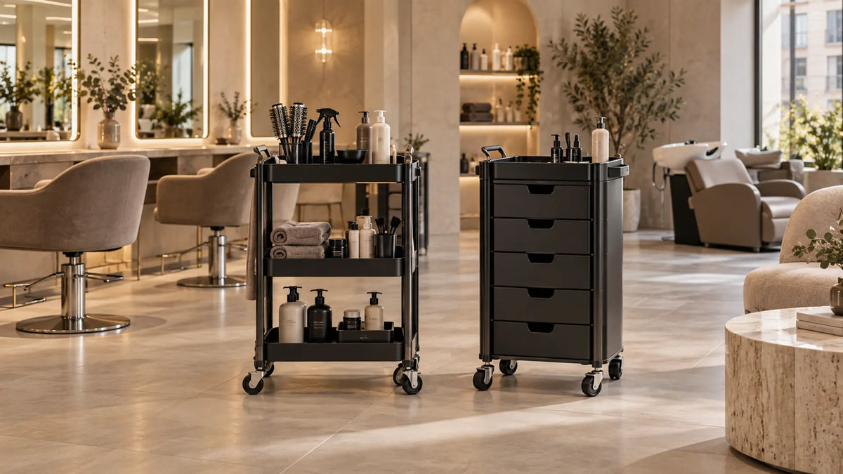 Premium professional salon interior: Open Shelf vs Drawer Salon Trolley