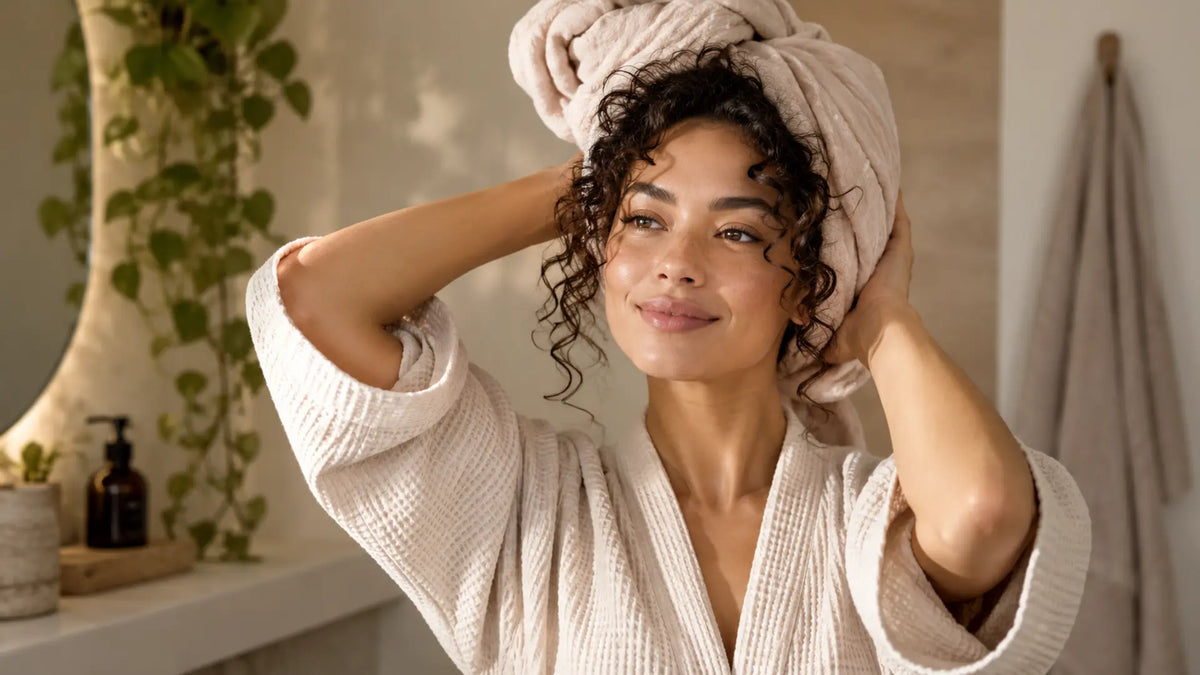 Haircare editorial in soft natural light: Hair Plopping