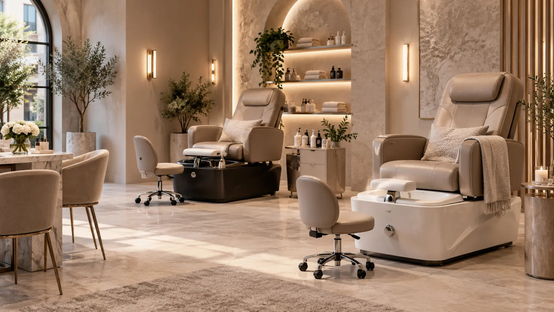 Premium professional salon interior: Plumbing vs No-Plumbing Pedicure Chairs