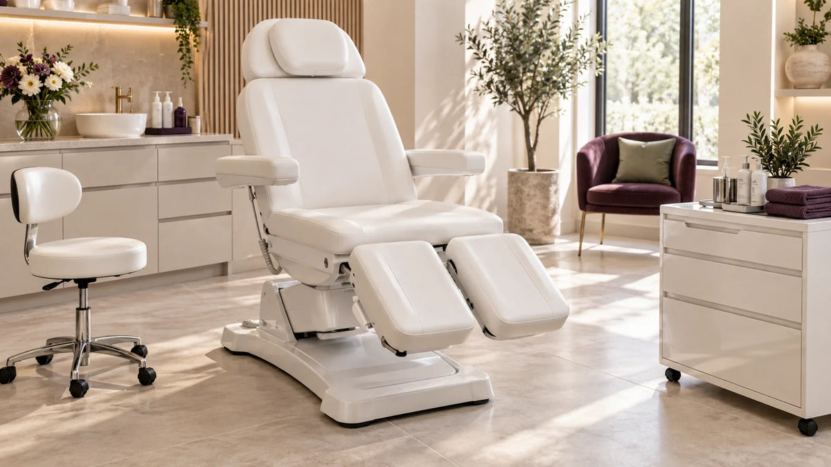 Podiatry chair in a professional setting; guide covers working height, split-leg access, client entry and room footprint