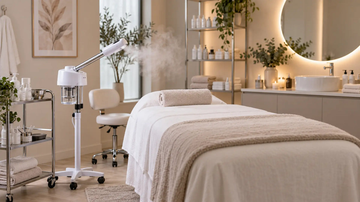 Professional salon equipment in a clean treatment room: Professional Facial Steamers