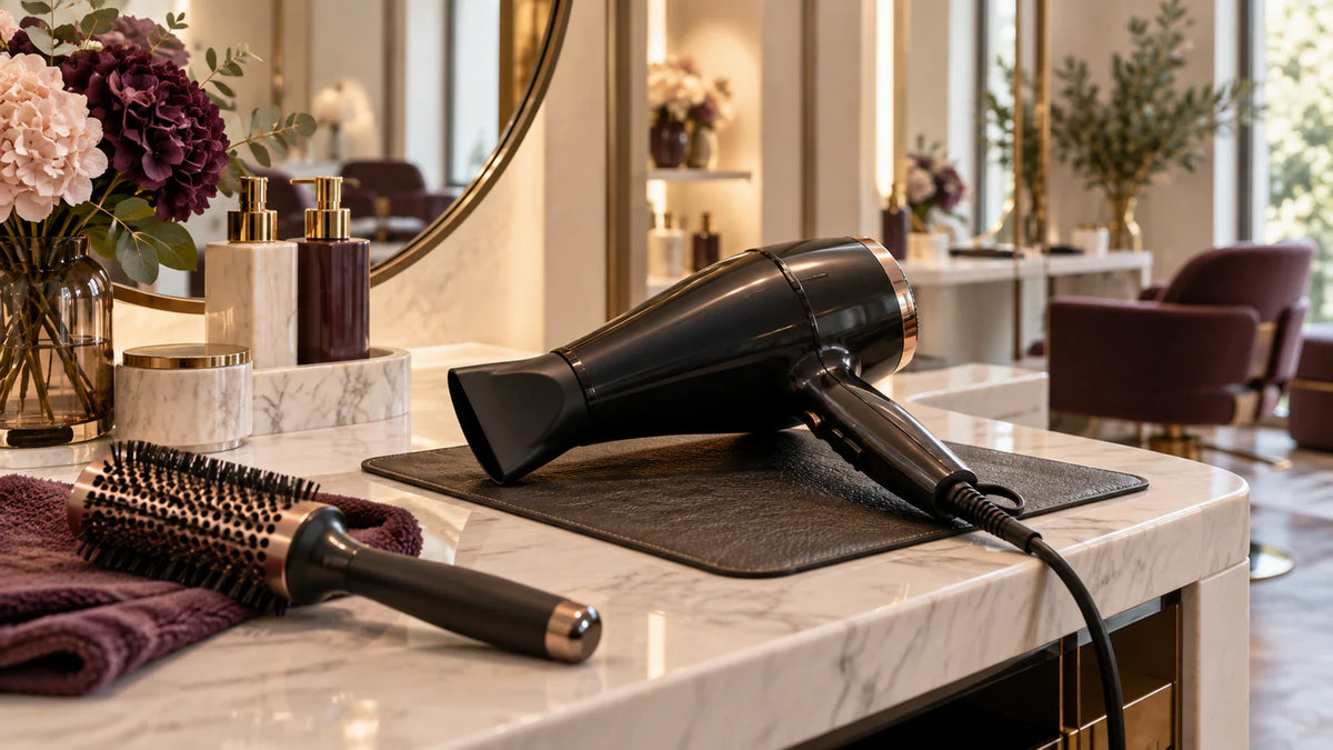 Professional hair dryer in a professional setting; guide covers motor, airflow, controls, weight, cable and maintenance