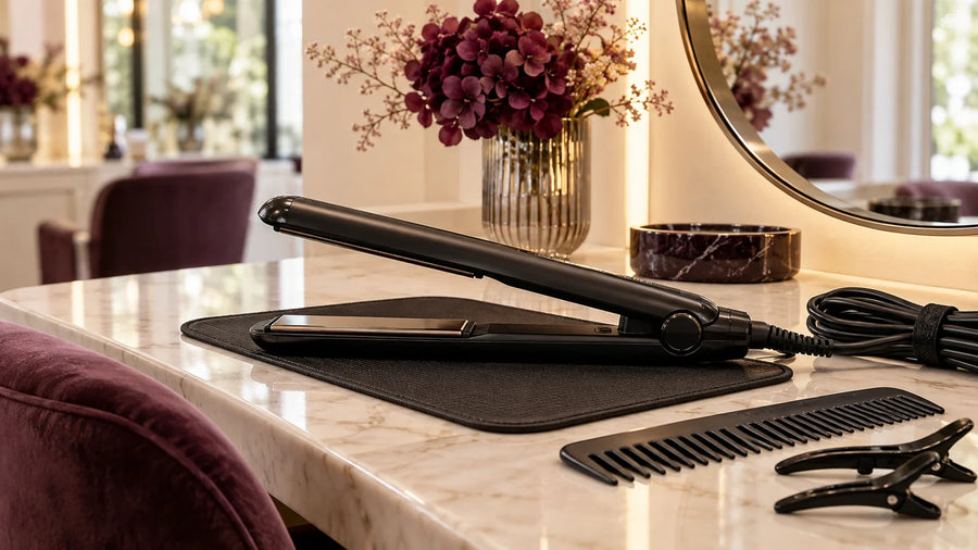 Professional hair straightener in a professional setting; guide covers plate material, plate width, temperature, cable and safety
