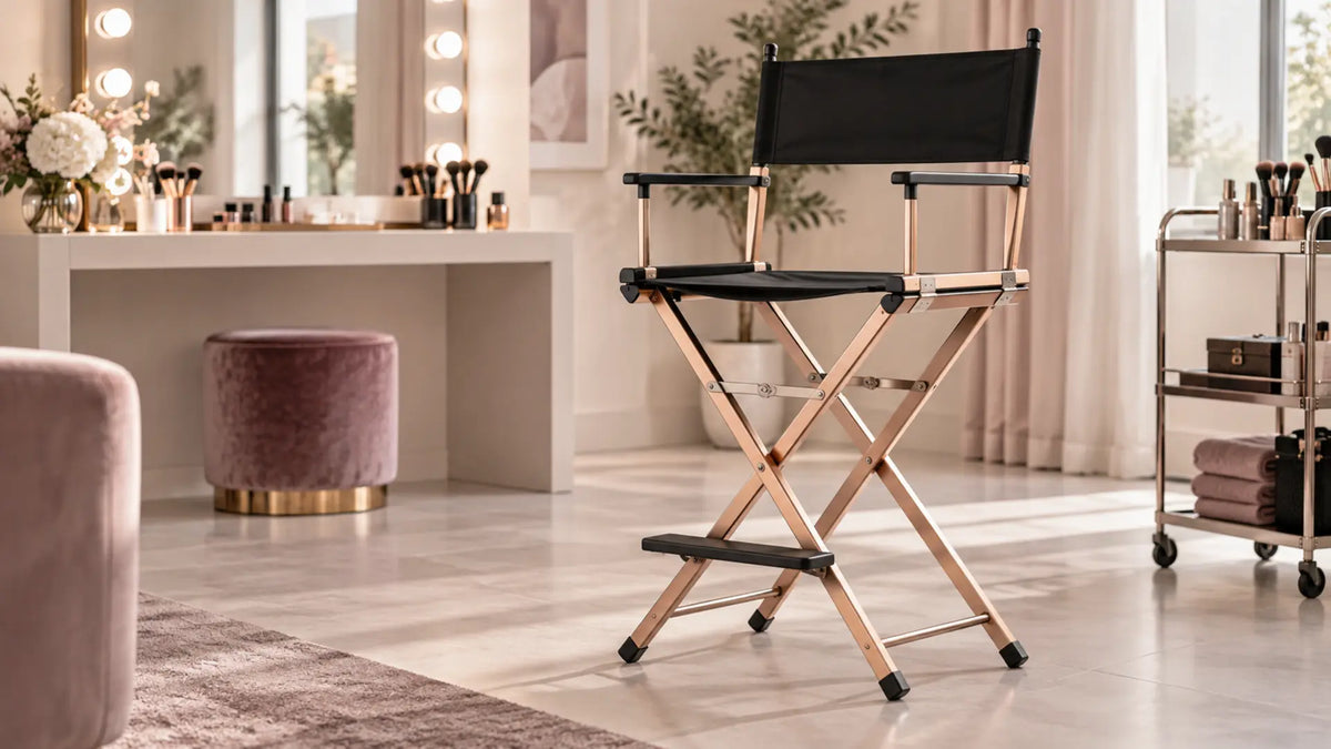 Rose gold professional makeup chair in a modern beauty studio