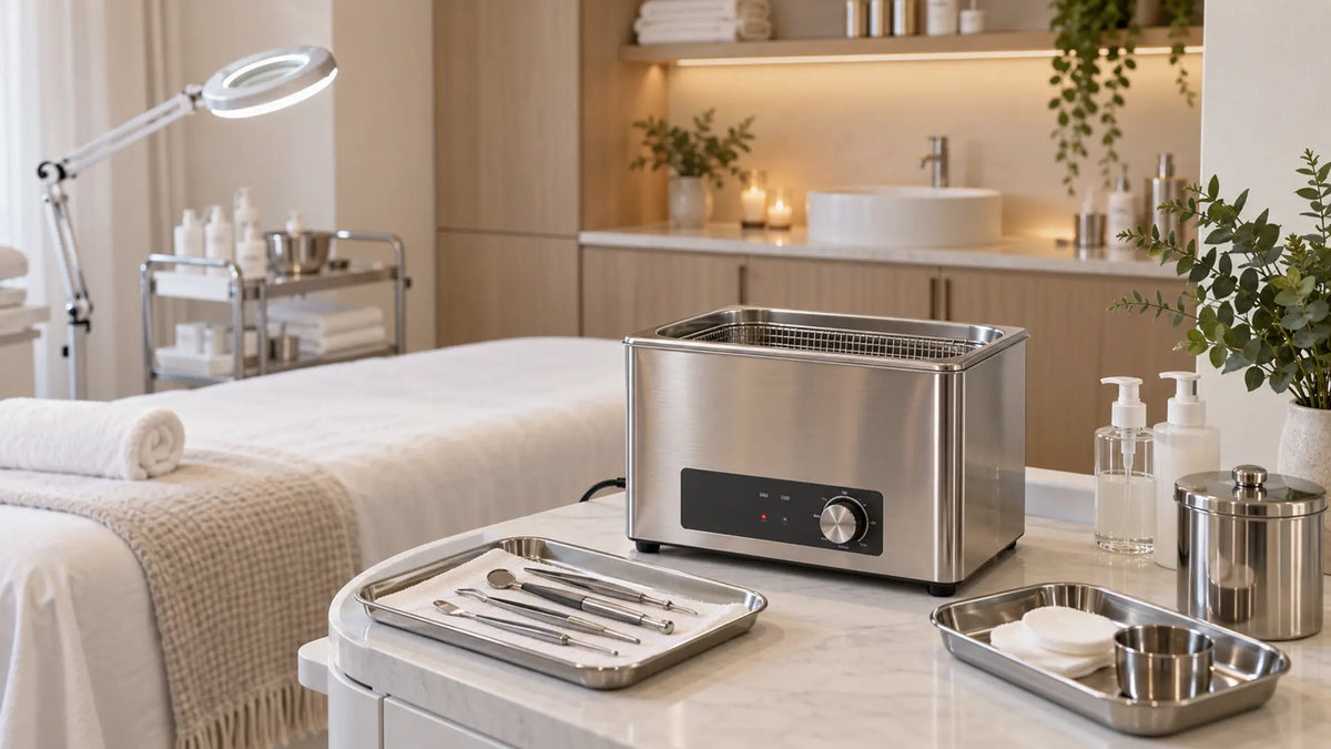 Professional salon equipment in a clean treatment room: Professional Ultrasonic Cleaners