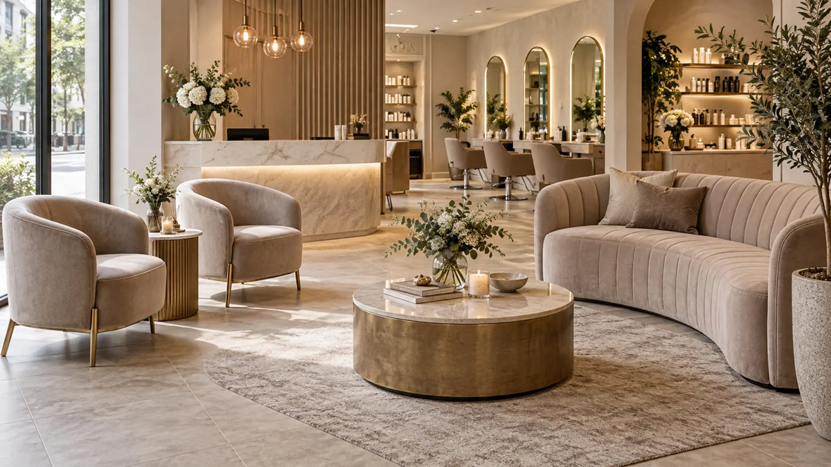 Premium professional salon interior: Reception Chairs vs Sofa