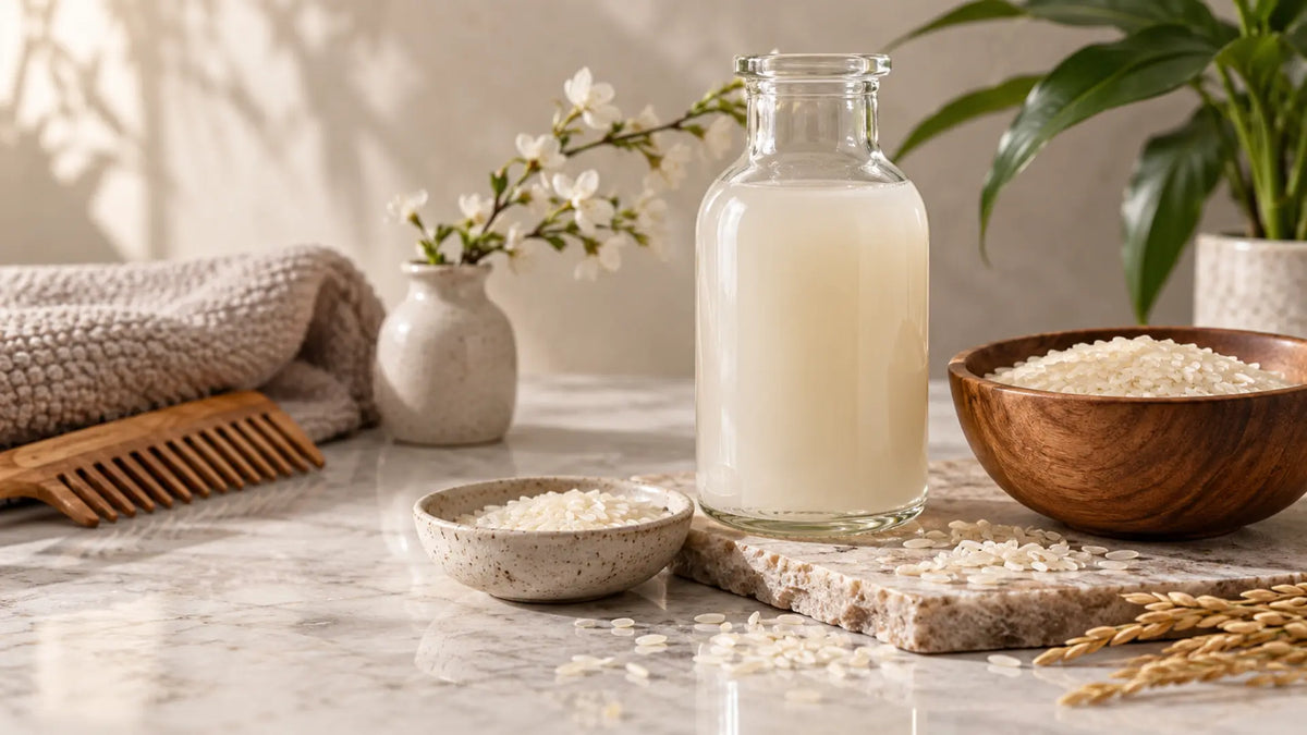 Haircare editorial in soft natural light: Rice Water for Hair