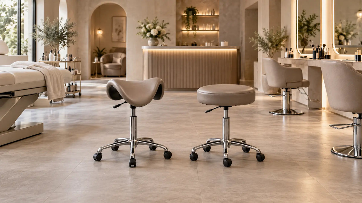Premium professional salon interior: Saddle Stool vs Round Stool