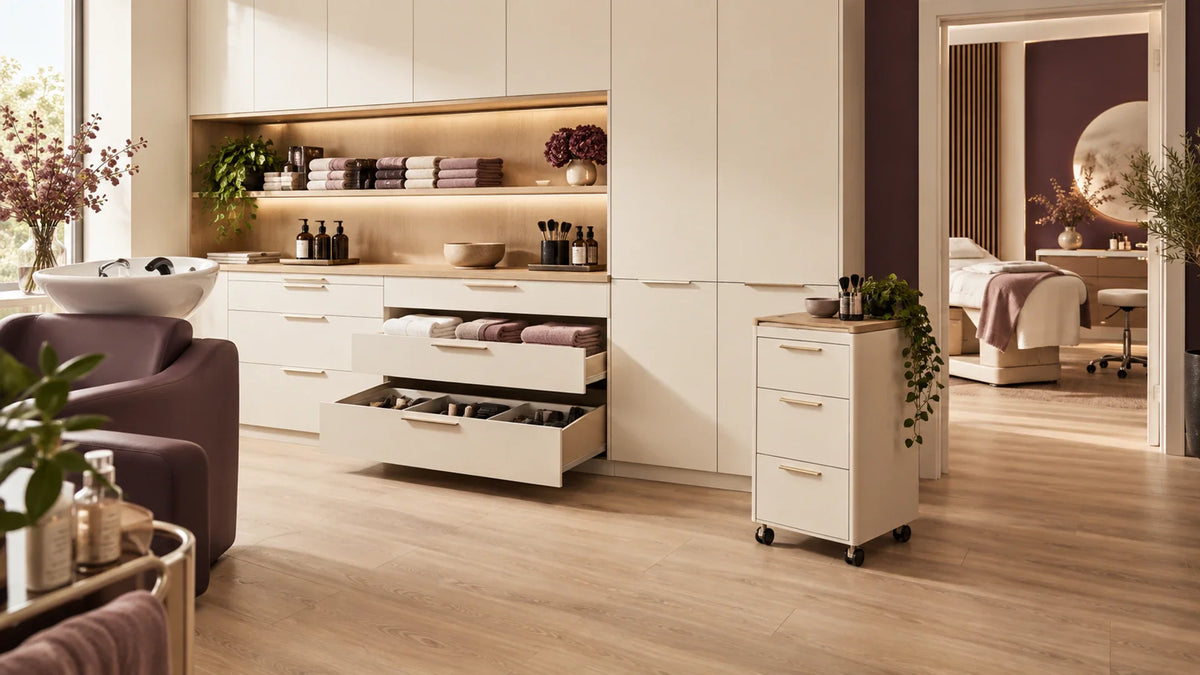 Salon storage planning in a professional setting; guide covers clean stock, used items, daily access and door clearance
