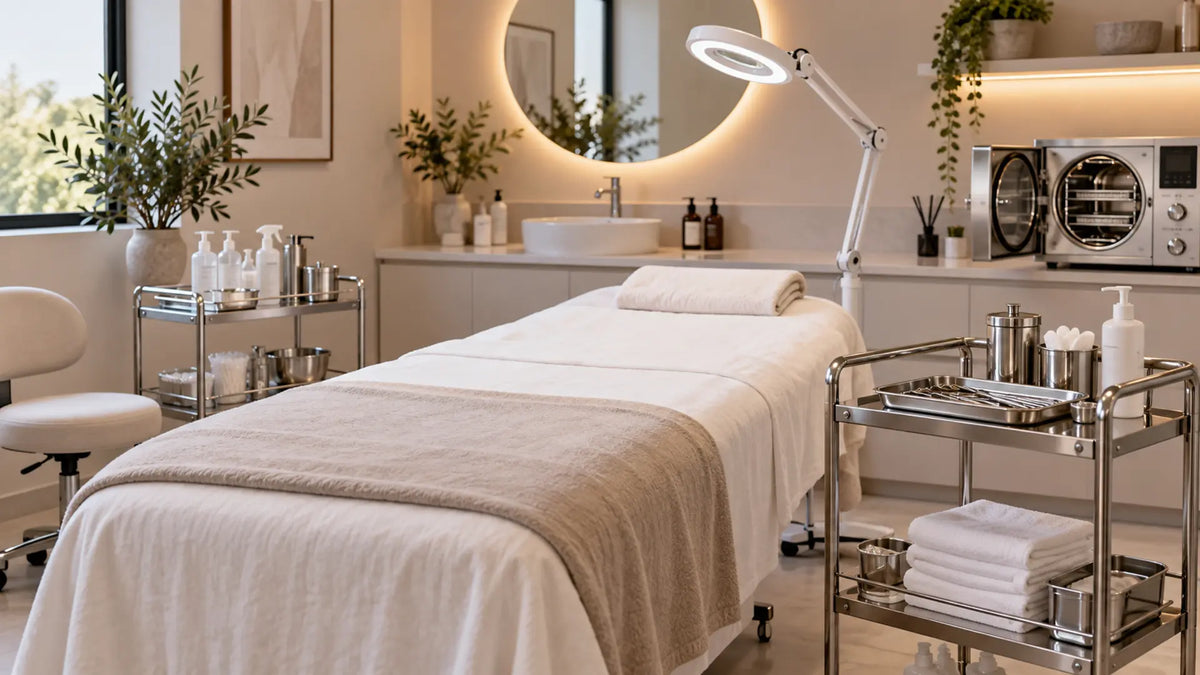 Professional salon equipment in a clean treatment room: Cleaning, Disinfection & Sterilisation in Salons