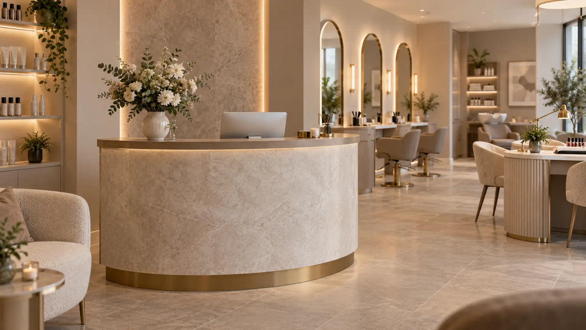 Premium professional salon interior: Salon Reception Desk Dimensions & Space Planning