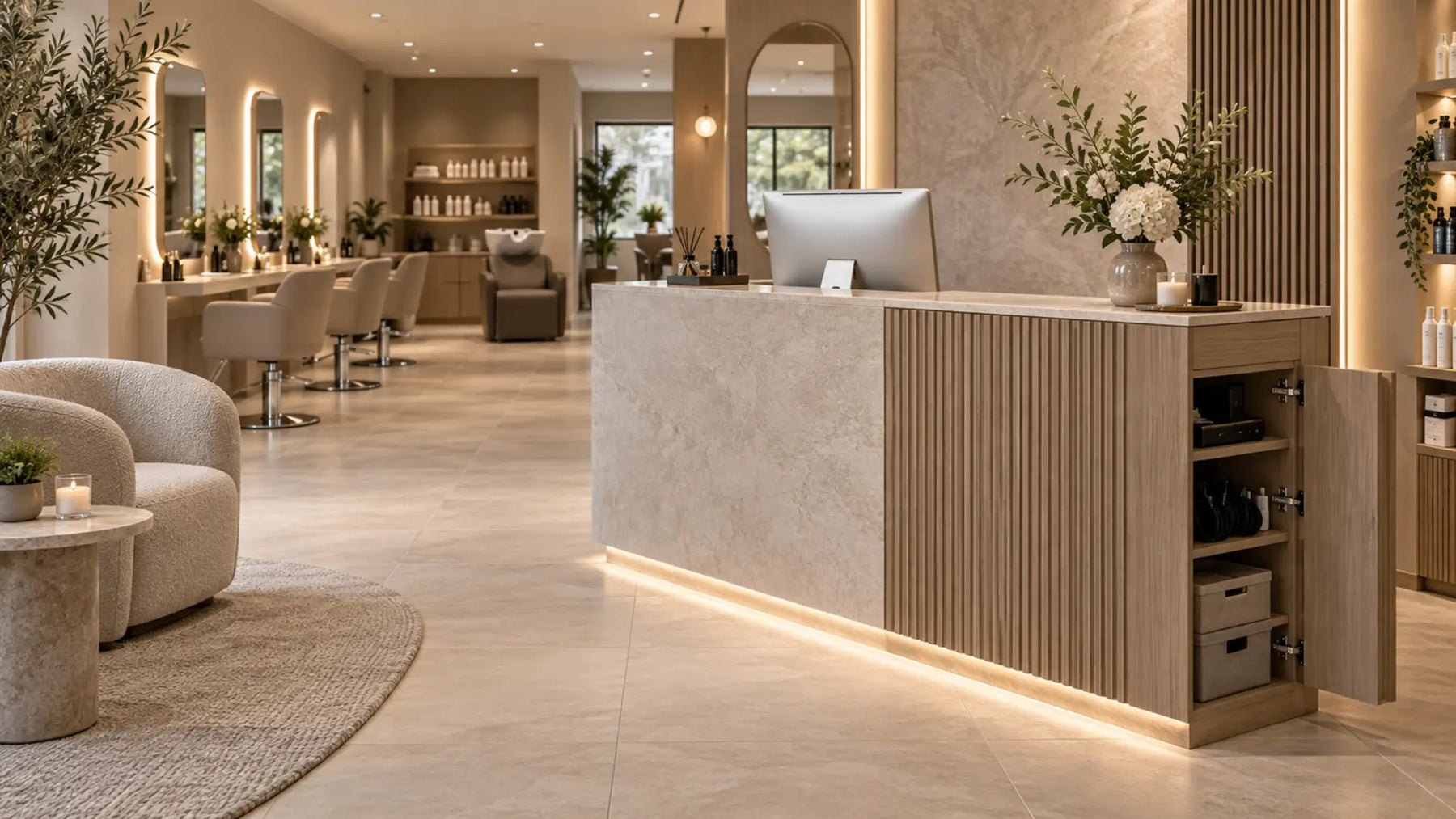 Premium professional salon interior: Salon Reception Desk Storage & Cable Management
