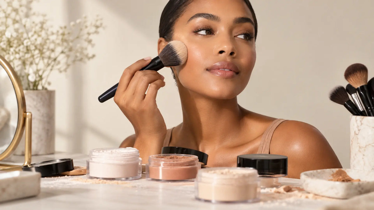 Beauty makeup editorial in warm neutral tones: Setting Powders of All Time