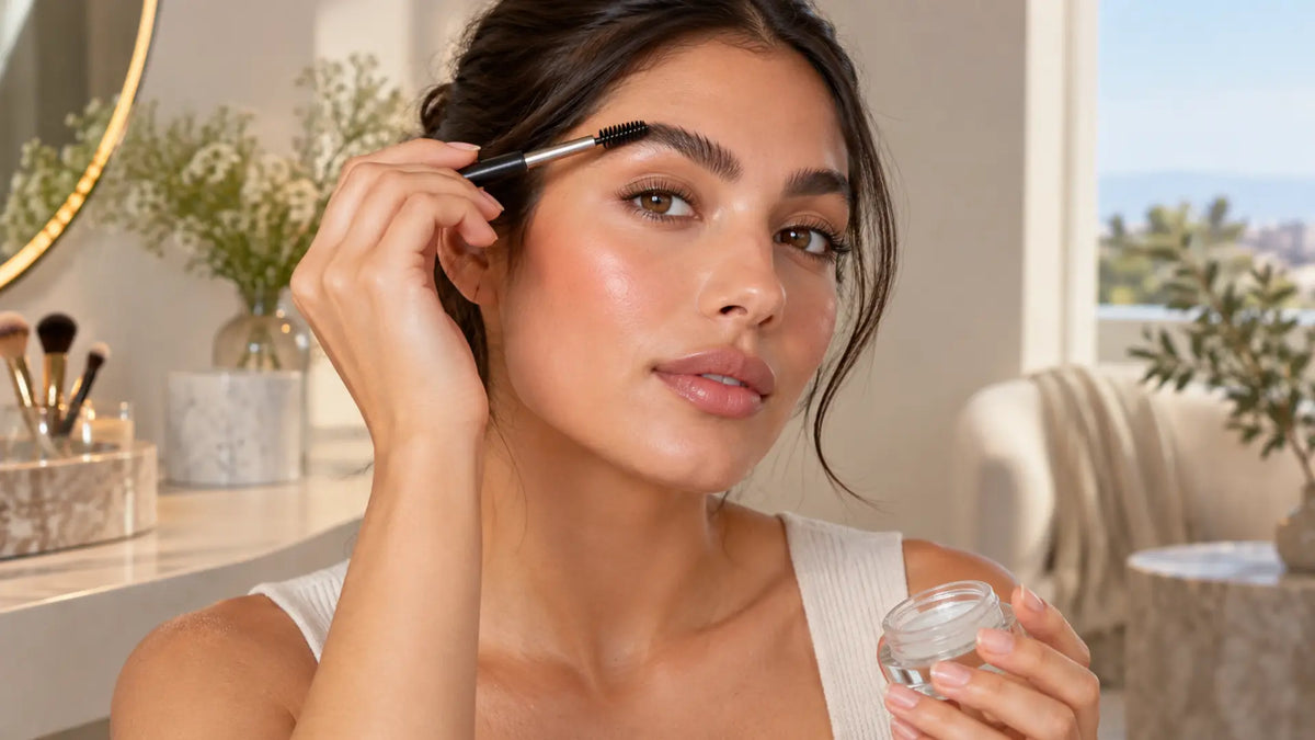Beauty makeup editorial in warm neutral tones: The Brow Soap Trend