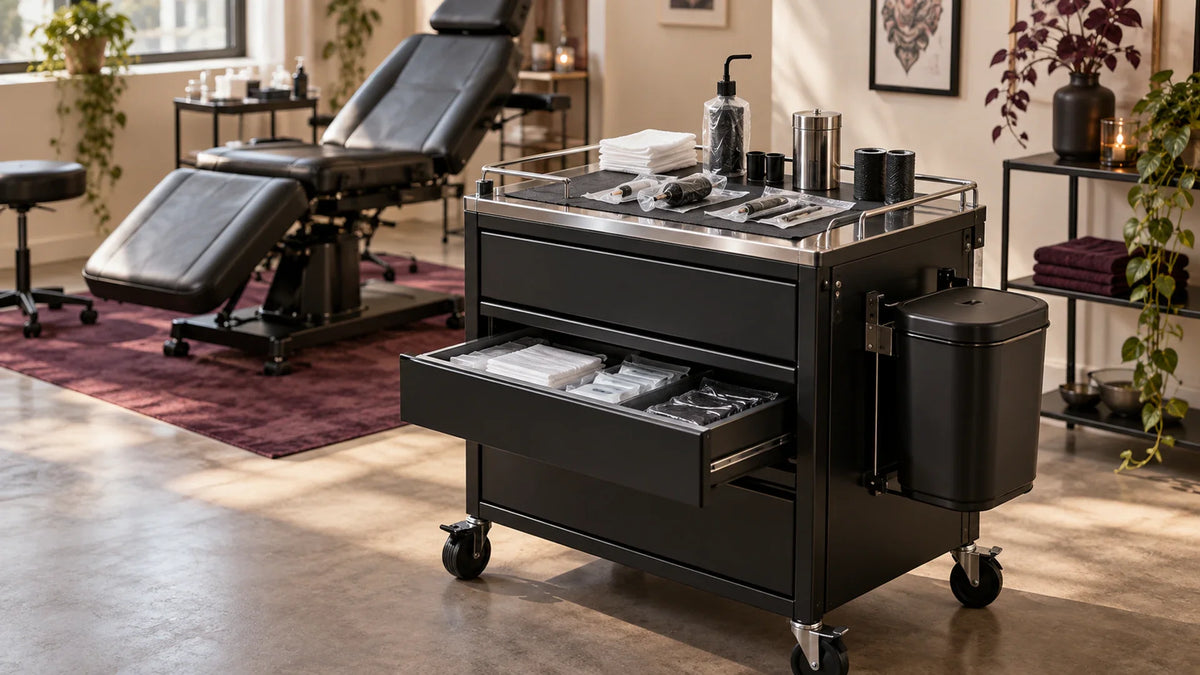 Tattoo trolley organisation in a professional setting; guide covers clean, active, used zones and locking castors