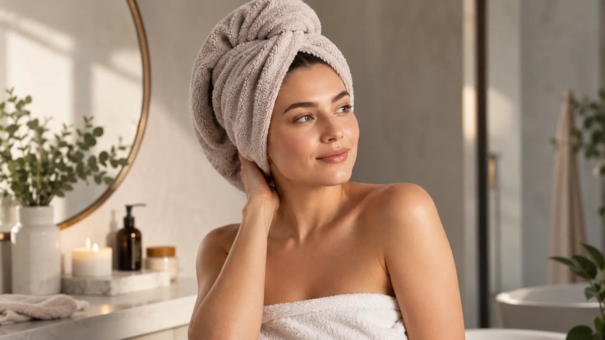 Haircare editorial in soft natural light: Hair Towel Wrap