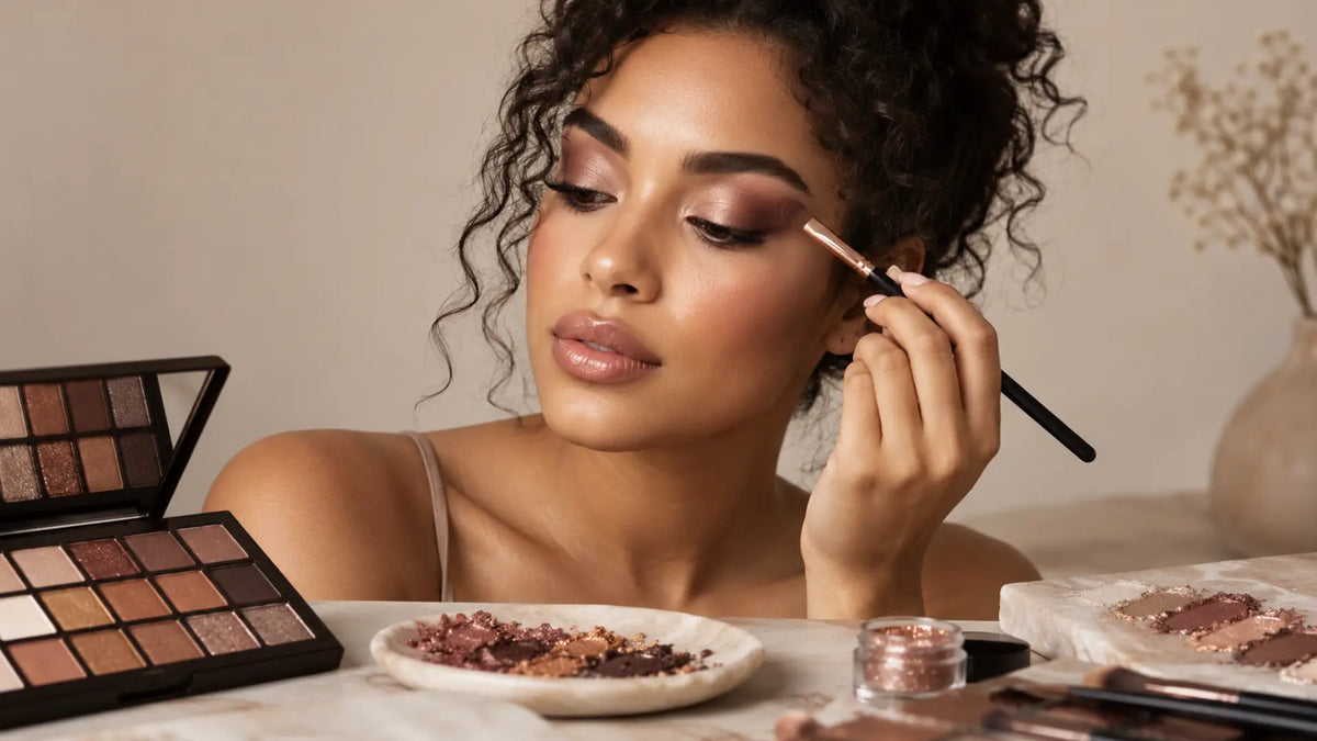 Beauty makeup editorial in warm neutral tones: Different Types of Eyeshadow