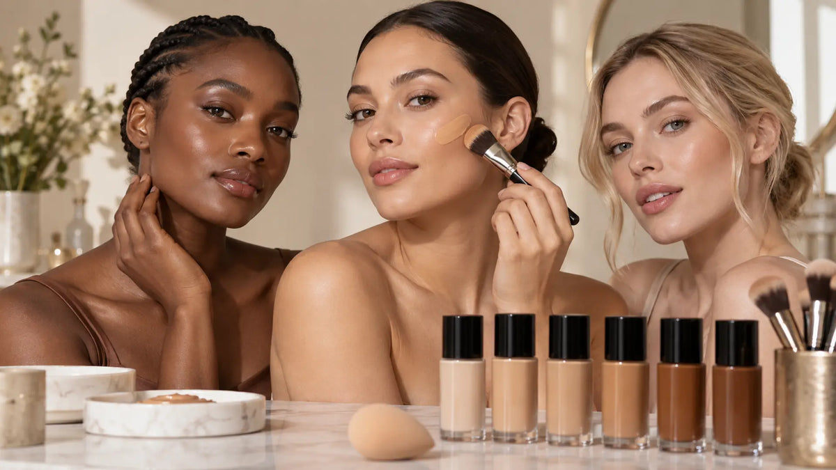 Beauty makeup editorial in warm neutral tones: Types of Foundations for Makeup