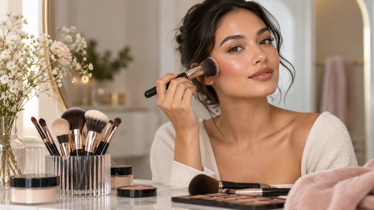 Beauty makeup editorial in warm neutral tones: Types of Makeup Brushes