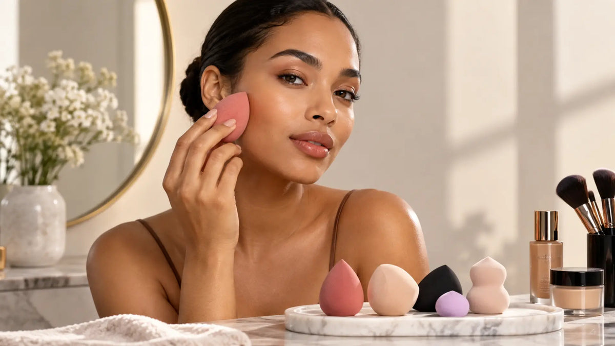 Beauty makeup editorial in warm neutral tones: Types of Makeup Sponges