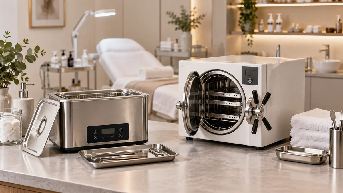 Professional salon equipment in a clean treatment room: Ultrasonic Cleaner vs Autoclave