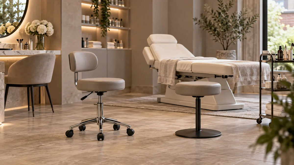 Premium professional salon interior: Wheeled vs Stationary Beauty Stool