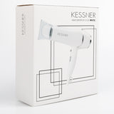 Kessner hair dryer packaging box with minimalist design, showcasing the white hair dryer model KF-3129.