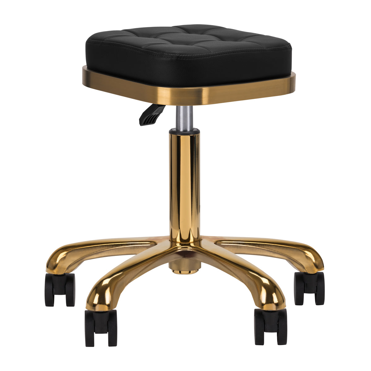 Activeshop Cosmetic Stool M-1645 in black with gold base, featuring a tufted cushion and adjustable height for salon use.